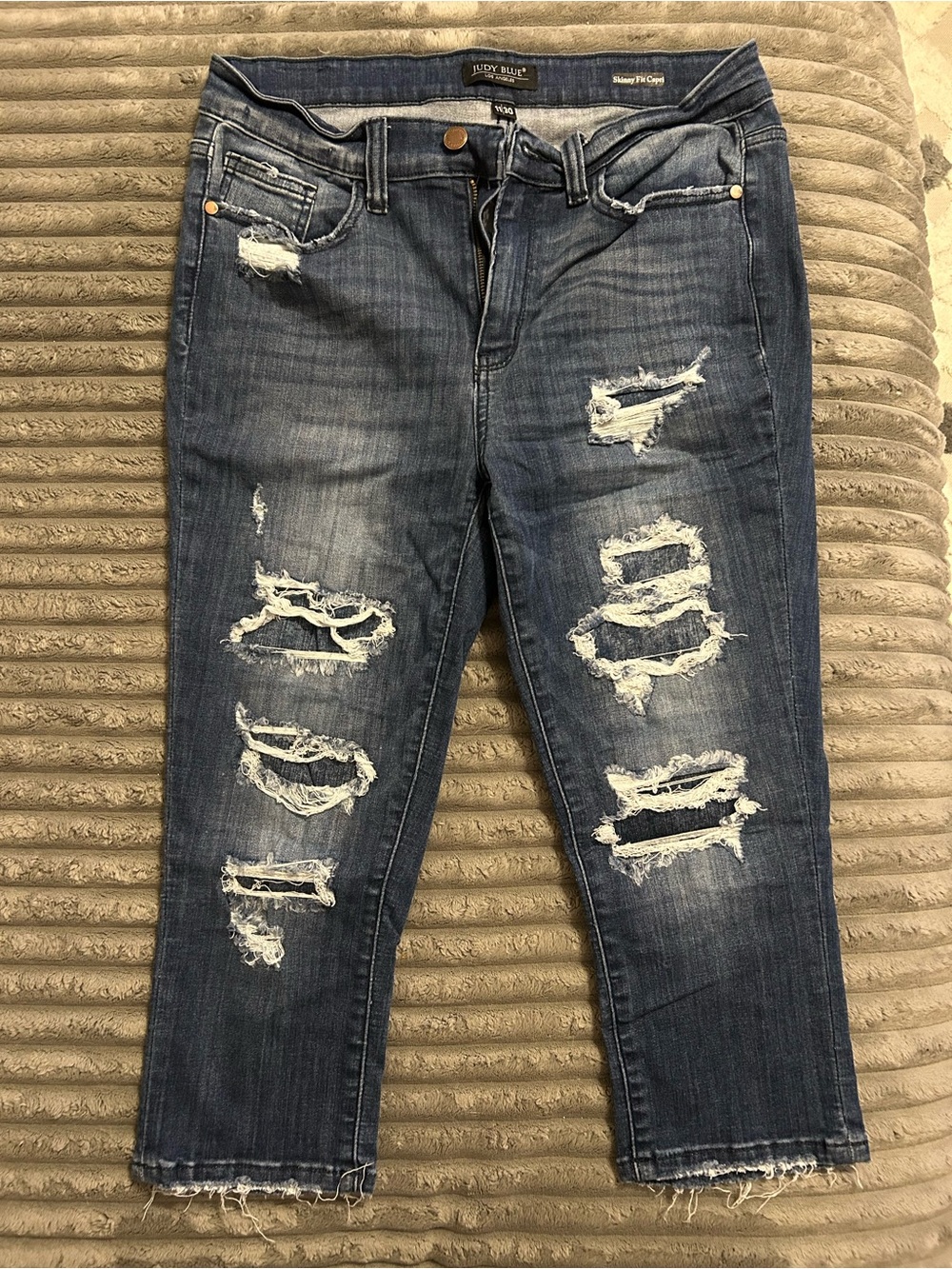 Distressed Women's Dark Blue Ripped Capris